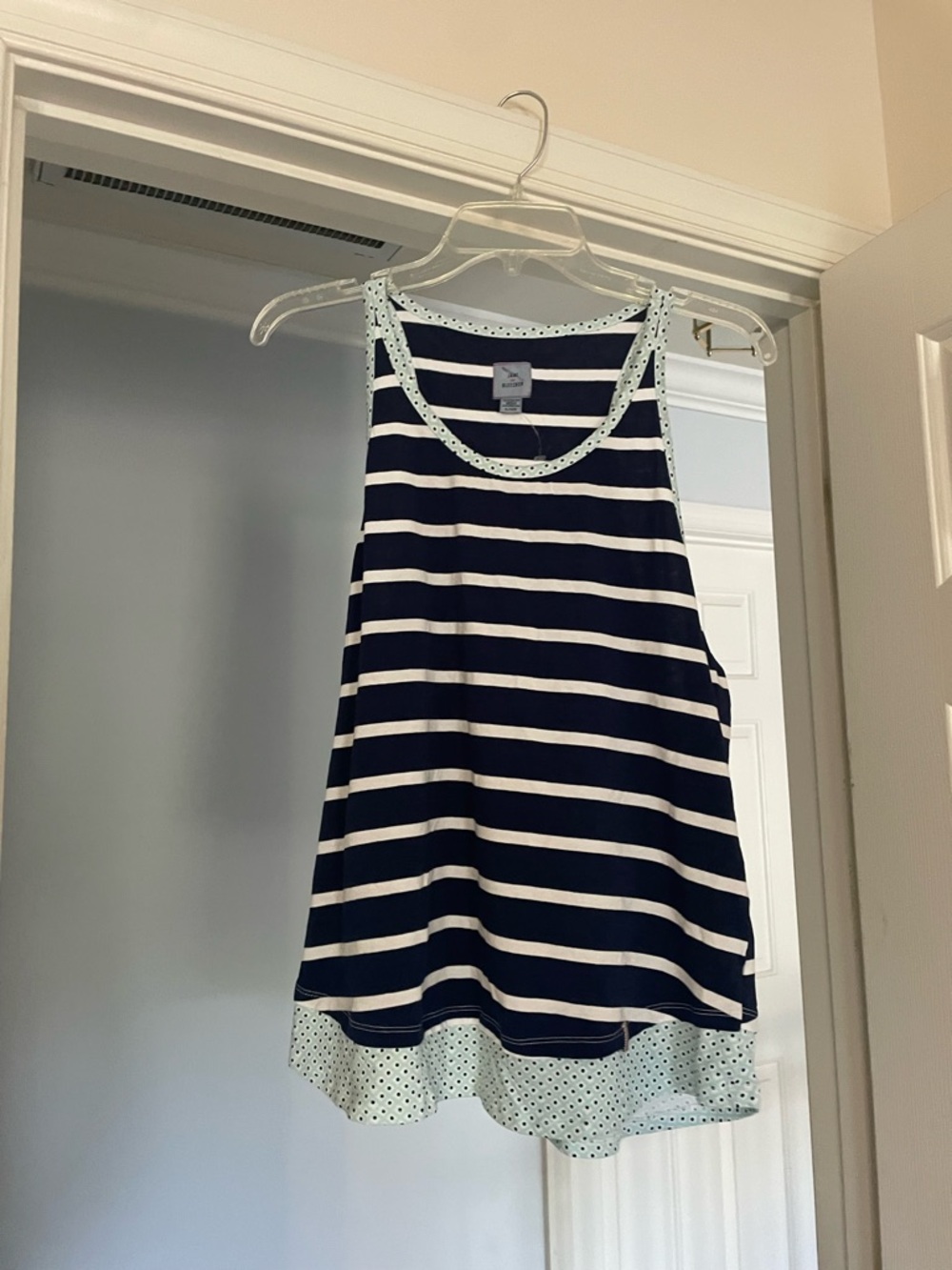 Jane and Bleecker Navy and White Striped Tank with Mint Polka-Dot Trim